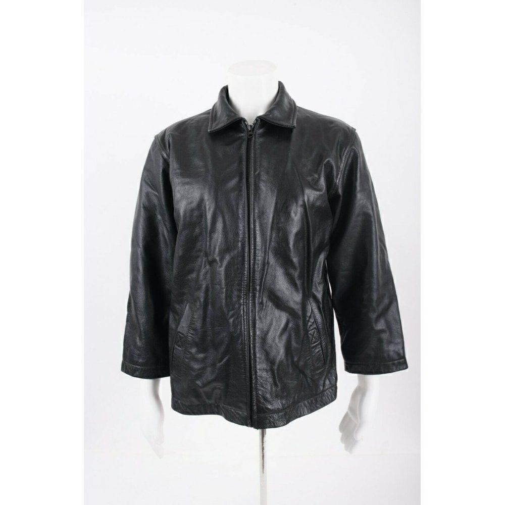 Vintage Gapย Womans Black LeatherโJacket Coat Size L Full Zip Collared BikerโMoto